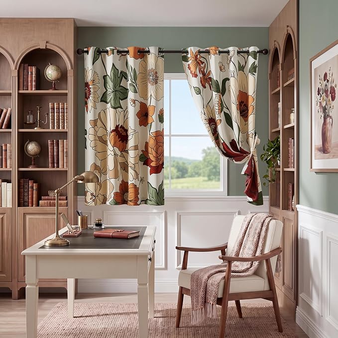 Lazzzy Floral Curtains for Bedroom Living Room Vintage Blackout Curtains 63 Inches Long Room Darkening Drapes Grommet Flower Patterned Window Treatments Set of 2 Panels, 50" x 63"