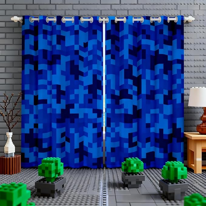 Castle Fairy Navy Blue Camouflage Window Curtain,Geometric Checked Bedroom Decor Curtains,Kids Boys Teens Pixelated Miner Style Window Treatment Video Games Blackout Drapes 2 Panels,38Wx45L