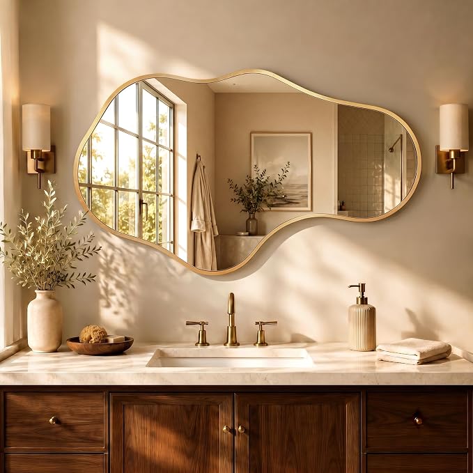Dorlicecass Irregular Wall Mirror - Wall Mirrors Decorative 24"x 40" Asymmetrical Abstract Mirror Aviation Aluminum Alloy Frame Unique for Bathroom, Bedroom, Living Room, Cloakroom, Entryway Gold