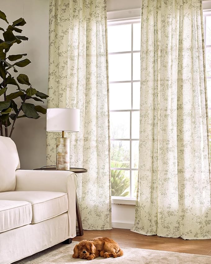 jinchan Green Floral Linen Curtains 84 Inch Farmhouse Back Tab 2 Panels | Flower patterned drapes, french country, light filtering, semi sheer, printed, privacy, bedroom, living room, home decor