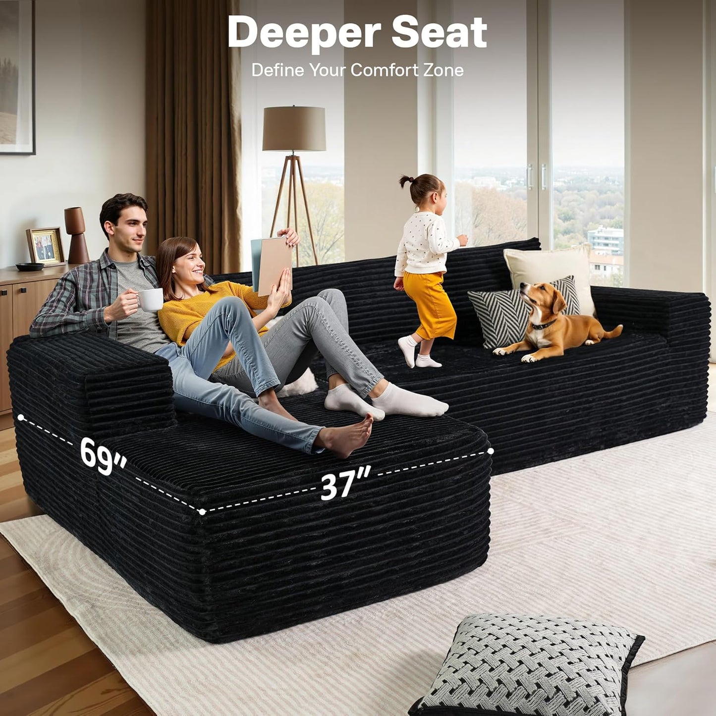 104" Cloudy Sectional L Shaped Couch for Living Room, No Assembly Required, Modular Comfy Sofa with Deep Seat, Fluffy Couch with Sleeper Chaise for Apartment Lounge (Black)