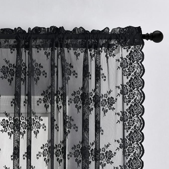 Kotile Extra Long Black Lace Curtains 120 Inches Long, 2 Panels Country Floral Retro Goth Black Sheer Curtains for Living Room Rod Pocket Light Filtering Privacy Window Curtain Drapes, 52 x 120 Inch
