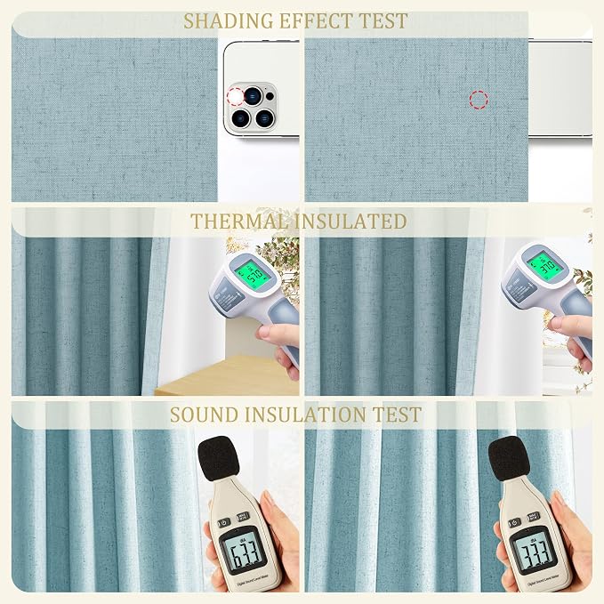 Jowels Light Blue Linen Blackout Curtains 96 Length 2 Panels Set for Living Room Bedroom, 100% Black Out Thermal Insulated Linen Drapes, Room Darkening Grommet Curtains 96 Inches Long Light Blue