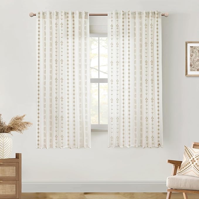 Brown Semi Sheer Curtains 63 Inch Length,Boho Floral Linen Mocha Curtains for Living Room
