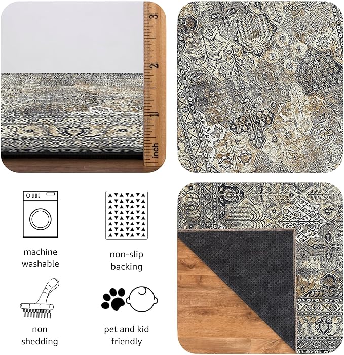 Keen Home Design 6x9 Rug - Machine Washable Area Rug with Non-Slip Backing, Ideal for Living Room, Dining Room, Bedroom - Vintage, Easy Clean, Durable, Low Pile Rug - (6' x 9')