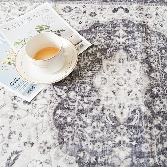 Hallway Washable Runner Rug - 2'6x12 Kitchen Rugs Entryway Rug Runner Vintage Soft Floor Mat Non Slip Indoor Farmhouse Carpet for Bathroom Living Room Bedroom (2'6''x12', Grey)