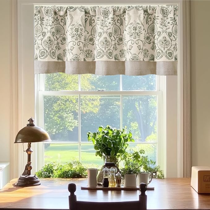 jinchan Linen Valance Kitchen Curtain for Windows Double Layer 18 Inch for Living Room Bedroom Window Treatment Light Filtering Vintage Rustic Farmhouse Cottagecore Rod Pocket 1 Panel Green on Beige
