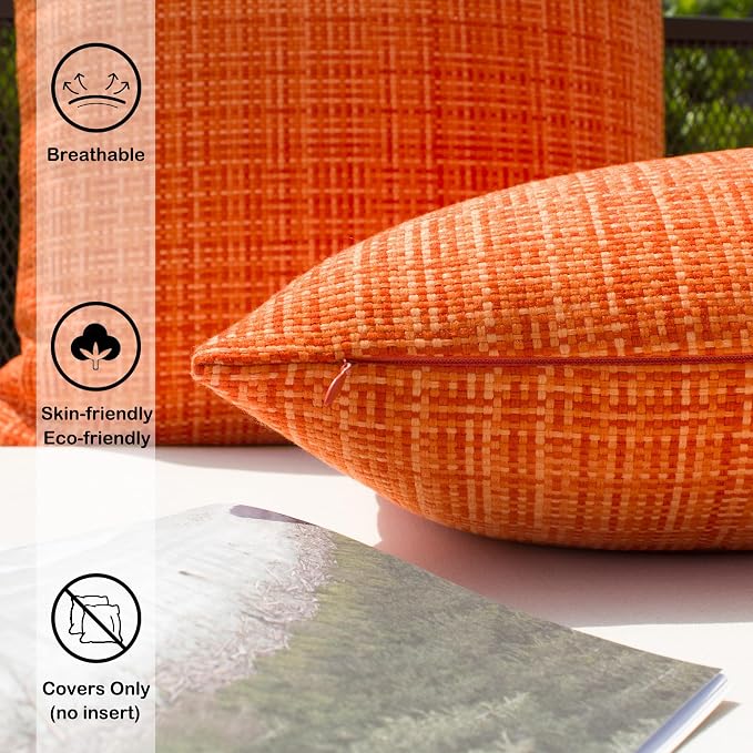 Kevin Textile Pack of 2 Decorative Outdoor Waterproof Fall Throw Pillow Covers Stripe Square Pillowcases Modern Autumn Decorative Cushion Cases for Patio Couch Bench 20 x 20 Inch Orange