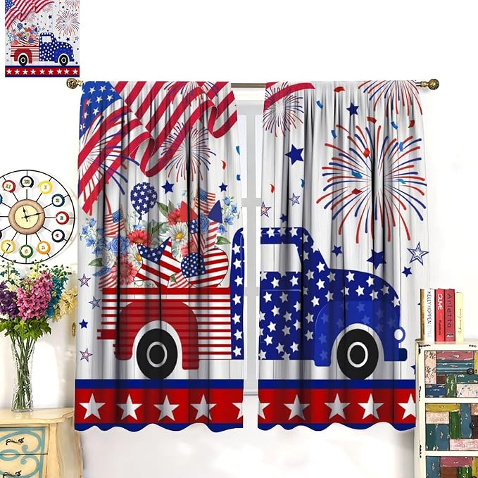 4th of July Curtain,American Flag Red Truck Independence Day Drapes for Bedroom Living Room Kitchen Window Treatment 2 Panels Set Total Size 55" W X 63" L Inch