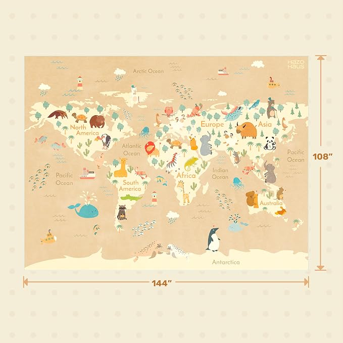 Huge Kids Rugs for Living Room - 9x12 Large Classroom Rug for Children Play & Learning, Washable Ultra Soft World Map Carpet with Ocean, Continents & Cute Animals