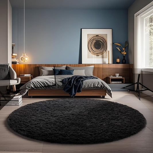 Ophanie Round Rug 5Ft Black Circle Area Rug, Room Decor for Men, Fluffy Fuzzy Bedroom Carpet, Plush Soft Shaggy Living Room Rugs for Kids Home Aesthetic, Nursery with Over 99 pcs Pile fibers