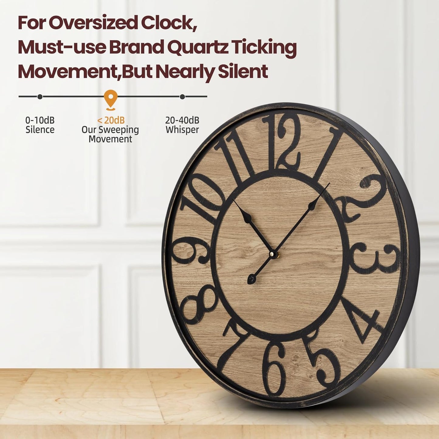 Large Wall Clock for Living Room Decor, Non Ticking Silent, Battery Operated Modern Vintage Wood Oversized Decorative Wall Clock for Bedroom Kitchen Farmhouse Office Decor