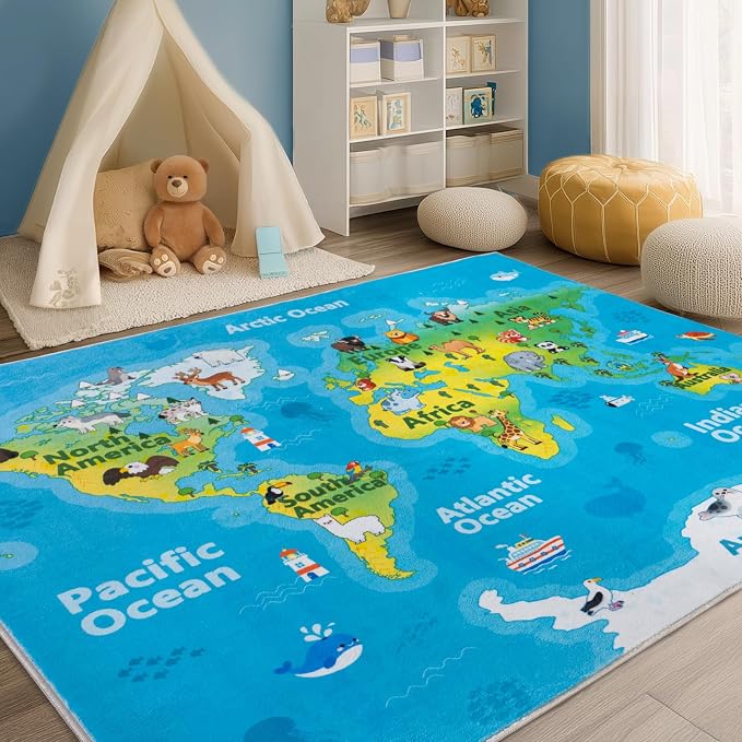 Kids Playroom Rug, 9x12ft World Map Rugs with Cute Animals, Washable Durable Soft Carpet Kid Educational Rugs for Boys Girls Bedroom Nursery Classroom