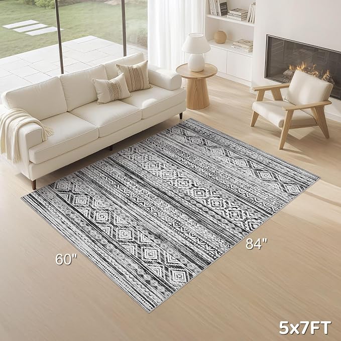 cotiled 5x7 Area Rugs Living Room Rug: Washable Boho Rugs with Non Slip Backing Large Soft Indoor Stain Resistant Carpet for Bedroom Farmhouse Dining Room Lightweight Home Decor White/Black