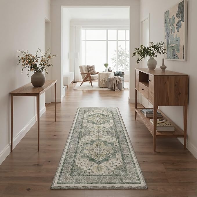 GENIMO 5x7 Area Rugs for Living Room, Machine Washable Non Slip Vintage Rugs, Low Pile Lightweight Chenille Print Rug for Bedroom, Dining Room, Home Office, Sage Green