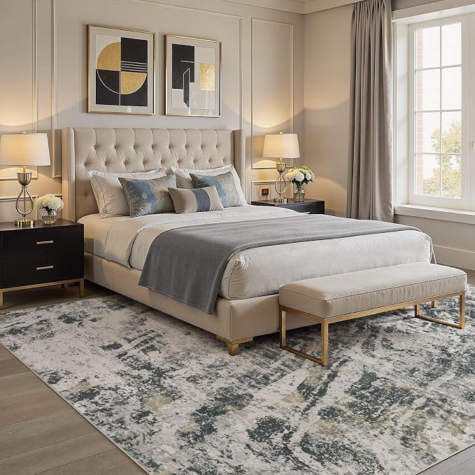 DMOYEST Area Rug Living Room Rugs - 10x14 Large Soft Indoor Neutral Modern Abstract Low Pile Washable Rug Carpet for Bedroom Dining Room Farmhouse Home Office-Black Gold/Grey