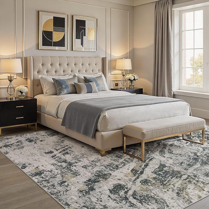 DMOYEST Area Rug Living Room Rugs - 8x10 Large Soft Indoor Neutral Modern Abstract Low Pile Washable Rug Carpet for Bedroom Dining Room Farmhouse Home Office-Black Gold/Grey