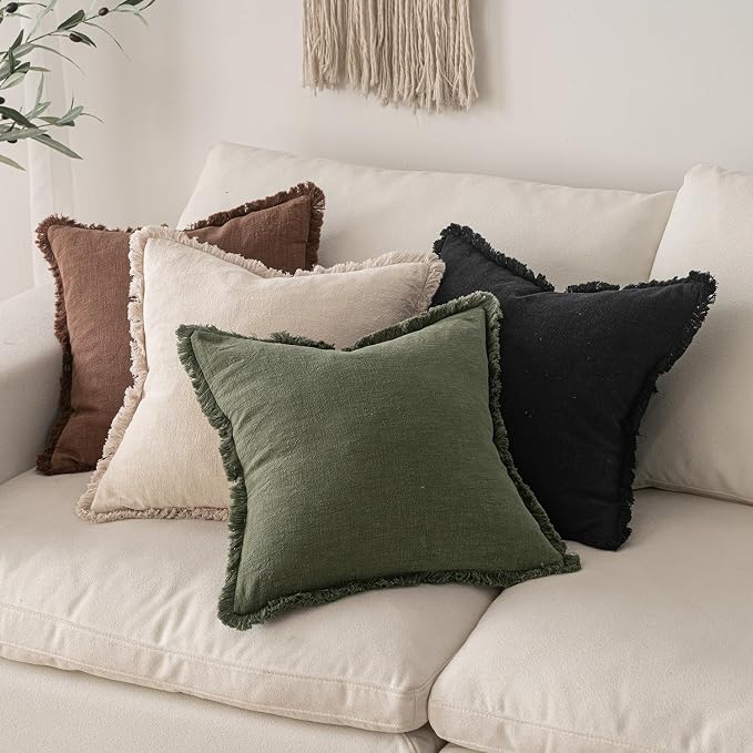 MIULEE Decorative Throw Pillow Covers Neutral Linen Fringe Throw Pillows Euro Shams Set of 2 Black Boho Farmhouse Cushion Covers for Couch Sofa Bed Living Room Spring Home Decor 26x26 Inch