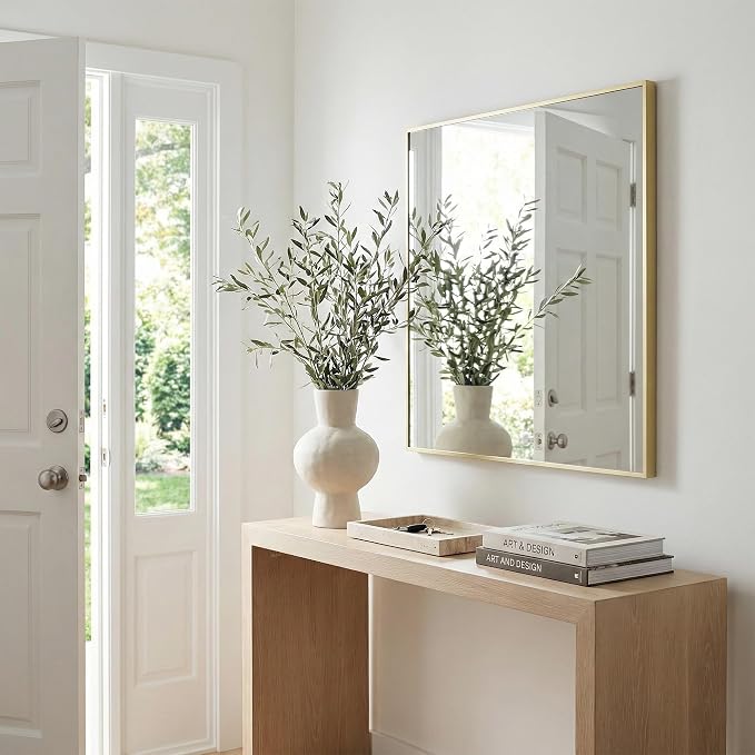36"x36" Satin Gold Framed Square Bathroom Vanity Wall Mirror | Accent Wall Mirror, Square Geometric Look, Slim Metal Frame, Living Room or Entryway, Keyhole Mount, Tempered Glass