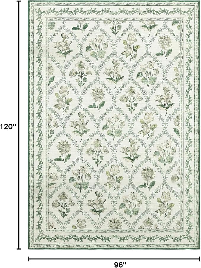 LIANLAM Checkered Rug 8x10 Area Rugs for Living Room - Stain Resistant & Non-Slip Backing Vintage Boho Floral Design Rug for Bedroom,Durable & Ultra-Thin Large Washable Area Rug(8x10,Green)