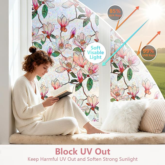 Kromapolis Window Privacy Film, Stained Glass Sticker Floral Window Clings, Decorative Static Clings UV Blocking Colorful Decals, Removable Vinyl Covering Rainbow Magnolia Flowers, 11.8'' x 78.7''