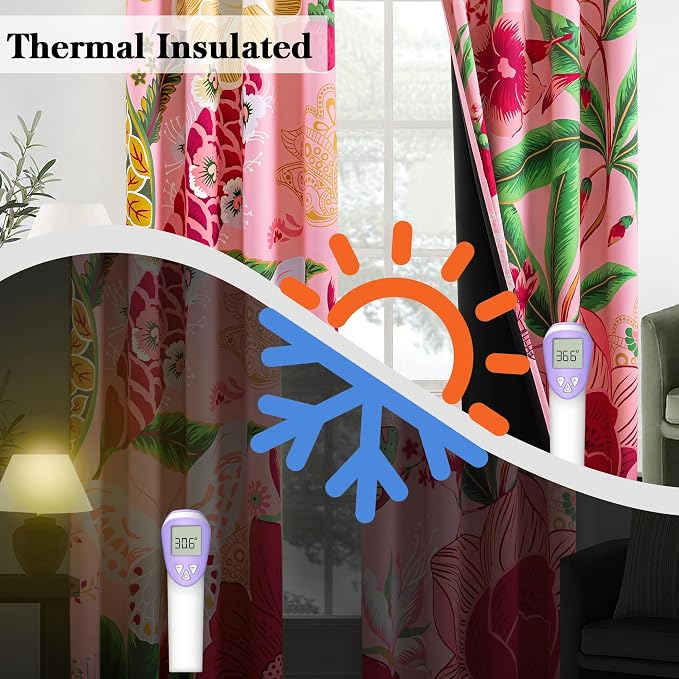 Tyrot Pink Boho Floral Blackout Curtains for Girls Bedroom 96 inch Long 2 Panels Butterfly Botanical Black Out Curtains for Living Room Grommet Thermal Insulated Room Darkening Window Drapes,52Wx96L