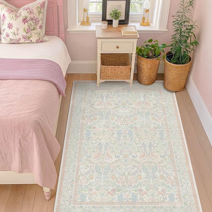 Cottagecore Floral 4x6 Pink and Blue Girls Vanity Rug - Washable Indoor Rugs for Bedroom, Entryway, Kitchen, Pastel Pink Reading Rug for Classroom, Nuresry, Non Skid & Low Pile Soft Carpet