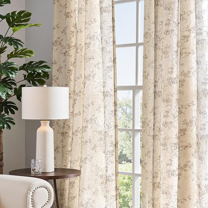 jinchan Taupe Floral Linen Curtains 63 Inch Flower Drapes Back Tab 2 Panels | Taupe on beige, light filtering, farmhouse, country, rustic, bedroom, living room, kitchen, window treatment, home decor