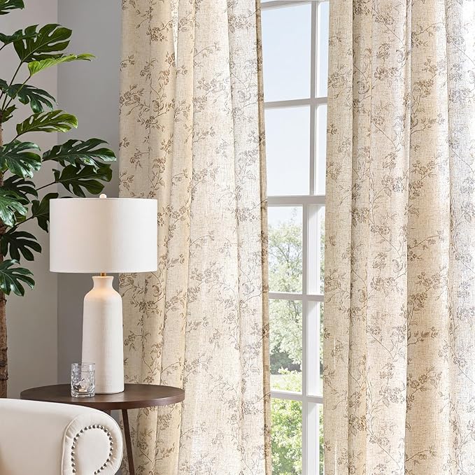 jinchan Taupe Floral Linen Curtains 96 Inch Farmhouse Back Tab 2 Panels | Taupe on beige, light filtering, farmhouse, rustic, country, flower, privacy, bedroom, living room, office, window treatment