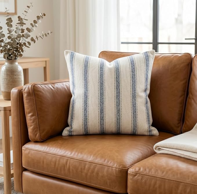 SanVia Cotton Throw Pillow Covers 20x20 – Handwoven Jacquard Texture, Fade-Resistant, No Pilling – Hidden Zipper, Decorative Cushion Cover for Sofa, Couch, Bed – Insert Not Included (Striped, White)