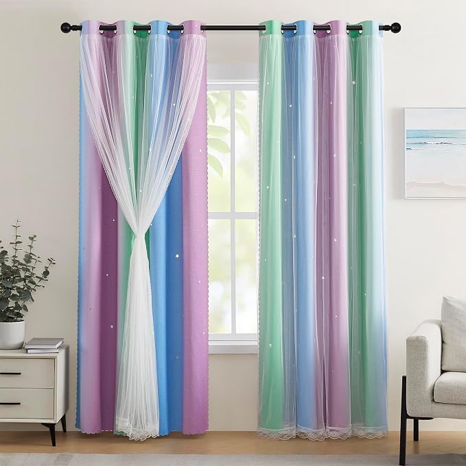 XiDi Blue & Rainbow Curtains for Kids & Girl Rooms - Blackout, Purple & Green 34x72 Inch Long 1 Panel with Unicorn Wall Decals