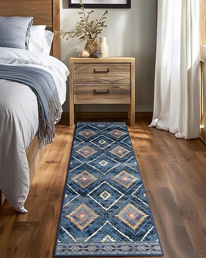 BESTSWEETIE Area Rug 2x6 Rug Machine Washable Non-Slip Low Pile Print Pattern Western Rug for Living Room Bedroom Entryway Tribal Series -Darkblue