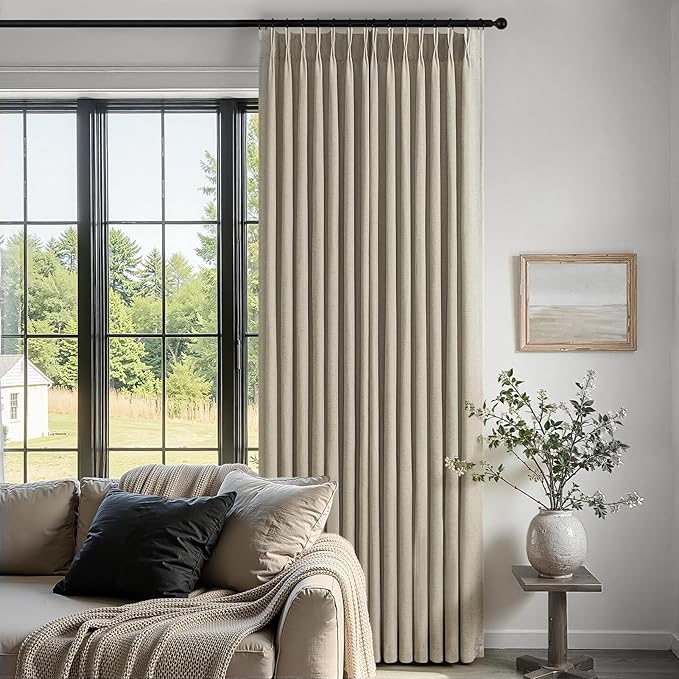 100 Inches Long Pinch Pleated Semi Sheer Curtains,Grey Beige Linen Blended Light Filtering Window Curtains 100 Length 2 Panels for Living Room Bedroom Pinch Pleat Drapes with Hooks,40" Wx100 L