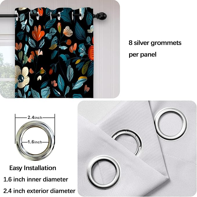 iTapnoom Black Blue Leaves Floral Blackout Curtain, Flowers Aesthetic Art Curtains Darkening Thermal Insulated Grommet Window Drapes for Living Room Bedroom Decor 2 Panels 52x84 Inches