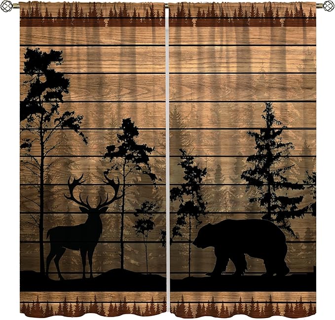 Farmhouse Forest Cabin Blackout Curtains for Kitchen Rustic Wooden Country Vintage Bear Deer Rustic Cabin Window Treatments for Farmhouse Bedroom Living Room 55x63in
