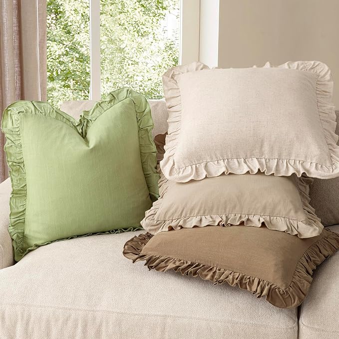Foindtower Set of 2 Decorative Linen Fringe Ruffle Throw Pillow Covers Soft Boho Farmhouse Cushion Cover Cozy Accent Retro Pillowcase for Couch Sofa Bed Living Room Home Decor,20×20 Inch,Light Green