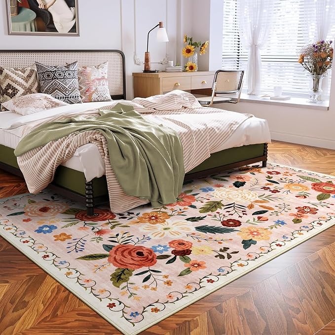 5x7 Washable Area Rug for Living Room, Floral Non-Slip Non-Shedding & Easy Care, Soft Low Pile Boho Indoor Floor Carpet for Living Room, Bedroom, Farmhouse, Dining Room, Kids Playroom, Beige