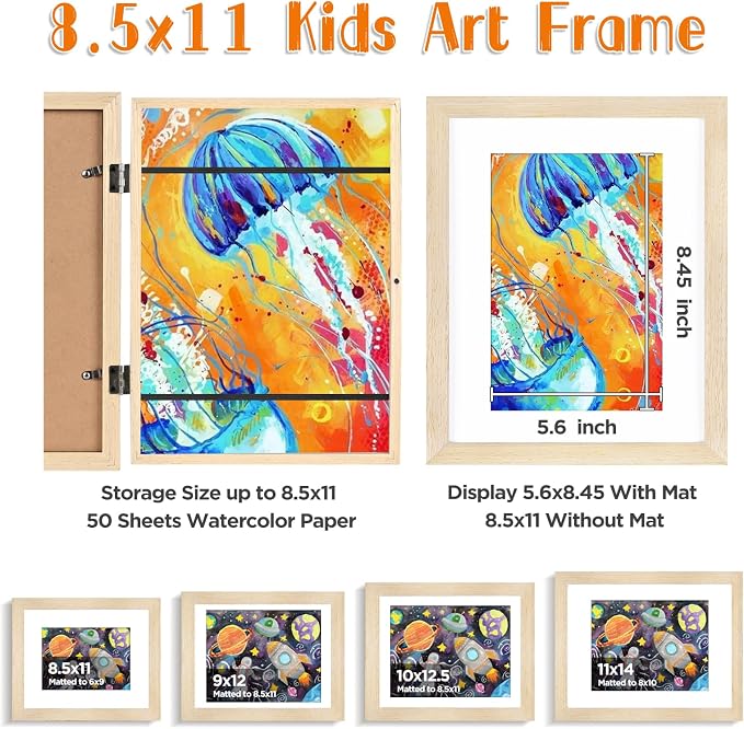 KINLINK 8.5x11 Kids Art Frame 2 Pack, Solid Wood Artwork Frames Changeable, Front Opening Hold 150 Pictures, Art Frames for Kids Artwork, 6x9 with Mat 8.5x11 without Mat, Picture Frames Natural