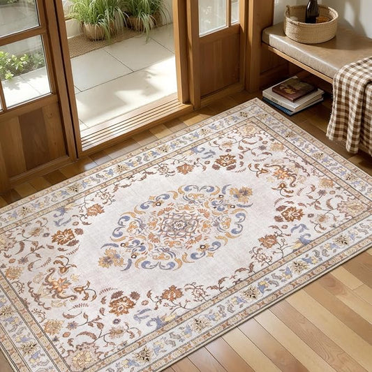 Tangsoo 2x4 Washable Rug for Entryway,Vintage Boho Beige Entry Rug Throw Rugs Non Slip,Indoor Front Door Small Rugs,Door Mat Indoor Entrance Carpet,Soft Low Pile for Entrance Farmhouse Kitchen Bedroom
