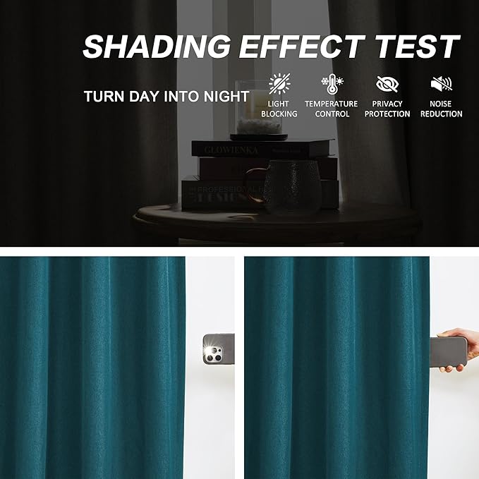 DUALIFE Dark Teal Blue Pinch Pleated Blackout Curtains 84 Inches Long, Back Tab with Hooks, Linen Full Black Out Thermal Insulated Track Curtain for Bedroom Living Room,40 Wx84 L, 2 Panels