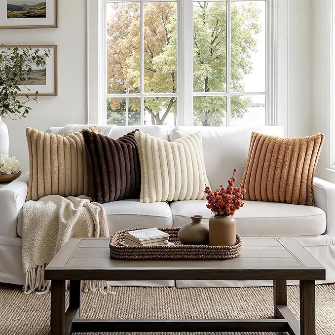 MIULEE Faux Fur Plush Decorative Throw Pillow Covers 18x18 Set of 4, Boho Farmhouse Soft Fuzzy Striped Cushion Covers for Sofa Couch Bed Living Room Vintage Rustic Home Decor,Brown