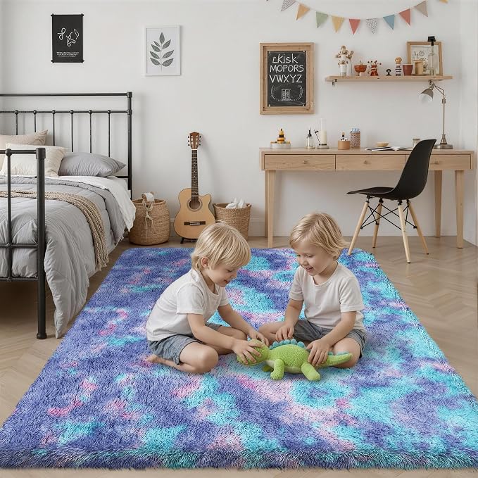 Fluffy Area Rugs 9x12 Living Room Bedroom: Ultra Soft Shag Rug Upgrade Non-Slip Non-Shedding Large Fuzzy Plush Carpet Indoor Floor Carpets for Kids Room Playroom Nursery Dorms Home Rainbow Purple