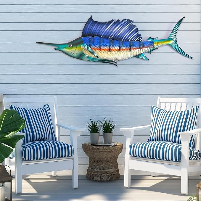 LIFFY Metal Fish Wall Art,36" Large Sailfish Wall Decor with Led Lights,Indoor Outdoor Mounted Tropical Swordfish Hanging Decorations for Home Living Room Bedroom Garden Patio