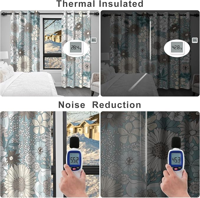 Boho Blackout Curtains for Bedroom and Living Room, Black Out Curtains 84 Inch Long 2 Panels Set with Rope Tassels Curtain Tiebacks, Floral Patterned Grommet Thermal Insulated Room Darkening Drapes