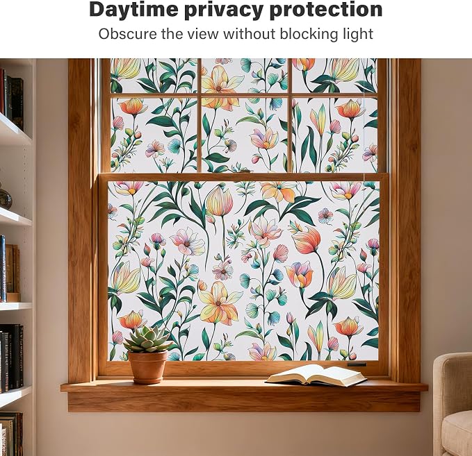 Donox Window Privacy Film, Frosted Stained Glass Window Films, Static Cling Non-Adhesive Decorative Windows Sticker for Front Door Bathroom, Heat Control Anti UV(23.6 x 157.4 inches)