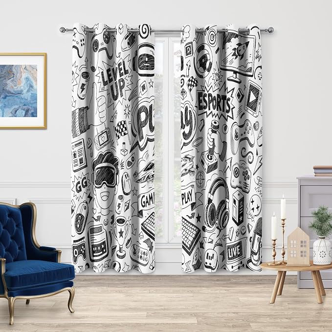 Jekeno Video Games Blackout Curtains - Blocking Window Drapes Sketch Art Computer Gamepad Sports Rocket Teen 90's Decor Home Bedroom Living Room Grommet Window Drapes 2 Panel Set, 52" x 63"