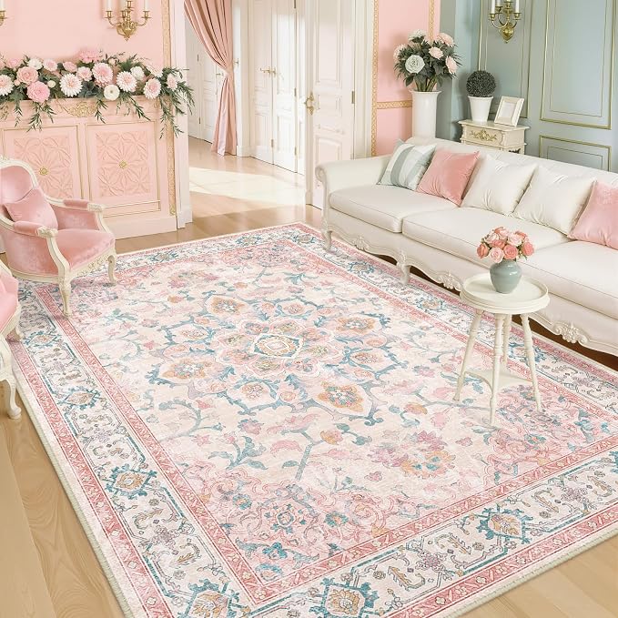 CAPALOCA Machine Washable Rugs Nursery Rug 6x9 Cute Girl Non Slip Low Pile Water Repellent Soft Print Pattern for Bedroom Indoor Decor Kids Playroom Pink Teal