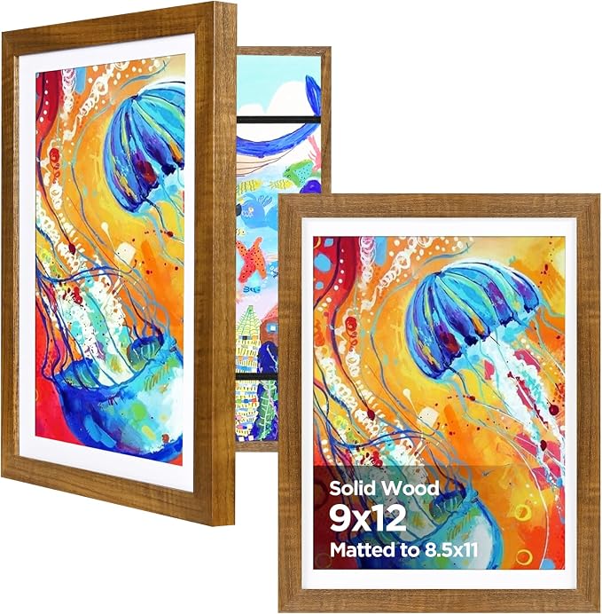 KINLINK 9x12 Kids Art Frame 2 Pack, Solid Wood Artwork Frames Changeable, Front Opening Hold 150 Pictures, Art Frames for Kids Artwork, 8.5x11 with Mat 9x12 without Mat, Picture Frames Teak