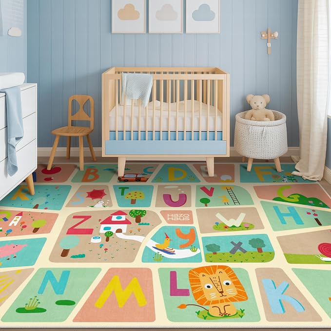 ABC Alphabet Rug for Nursery Room – 5x8 Kids Rug for Preschool, Washable Play Room Carpet, Soft & Safe Toddler Crawling Map with Fun Educational Letters and Cute Cartoon Art Decor