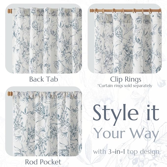 jinchan Floral Curtains 90 Inch Length Blue Flower Linen Farmhouse Curtain for Living Room French Country Vintage Curtain Rod Pocket Curtains Set 2 Panels Blue Floral Printed
